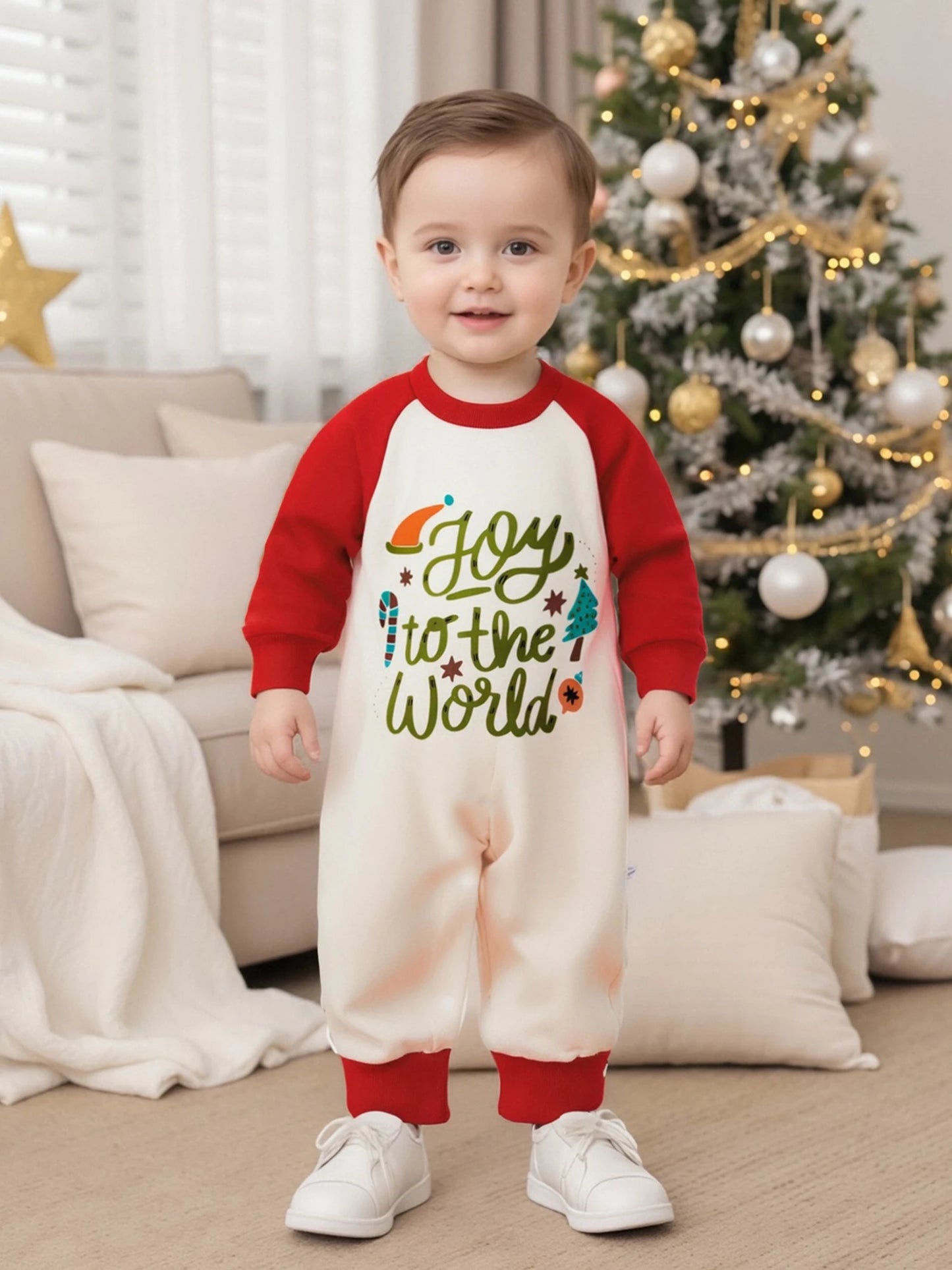 Baby Boys Girls Joy To The World Christmas Romper Letter Tree Long Raglan Sleeve Crewneck Jumpsuit Winter Clothes