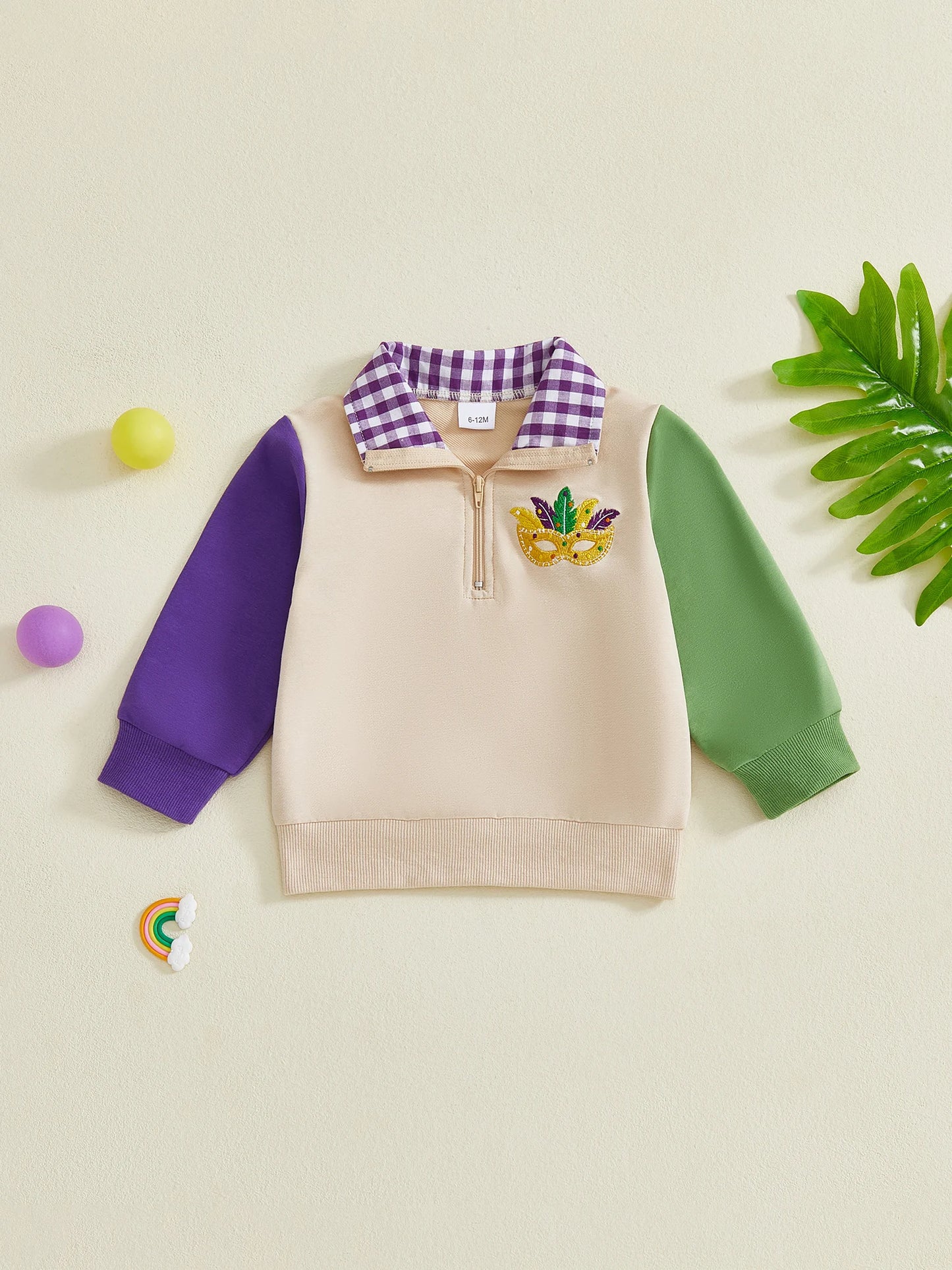 Baby Toddler Boys Collared Top Fashionable Cute Mardi Gras Mask Embroidery Long Sleeve Pullover