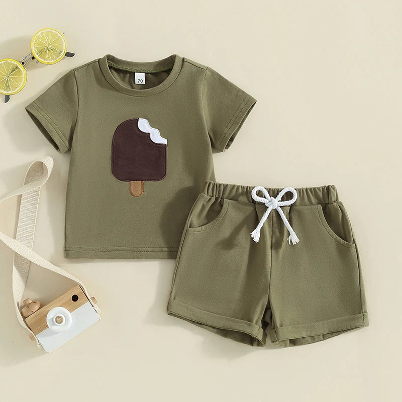 Toddler Baby Boy 2Pcs Summer Outfit Popsicle Embroidery Round Neck Short Sleeve Top Elastic Waist Shorts Set