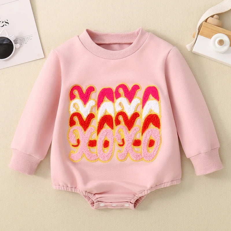 Baby Toddler Girls Bubble Romper XOXO Plush Letter Embroidery Long Sleeve Jumpsuit