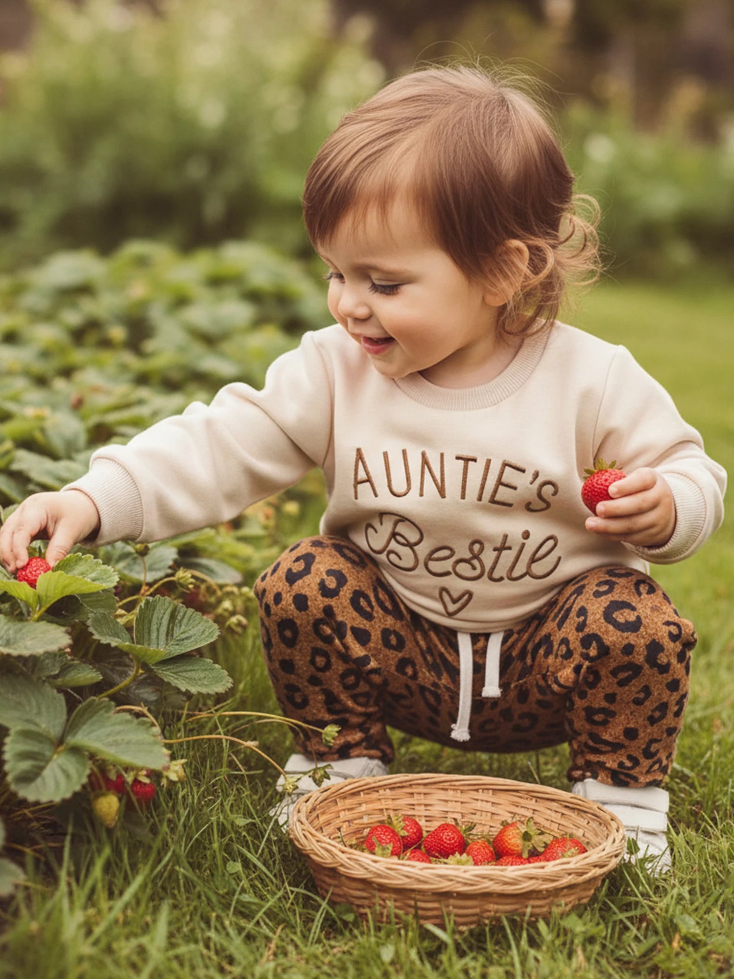 Baby Toddler Girls 2Pcs Auntie's Bestie Spring Outfit Letter Embroidery Long Sleeve Round Neck Pullover Top + Leopard Pants Jogger Set