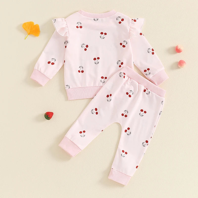 Baby Toddler Girls 2Pcs Fall Outfit Cherry Print Round Neck Long Sleeve Top Elastic Waist Pants Set