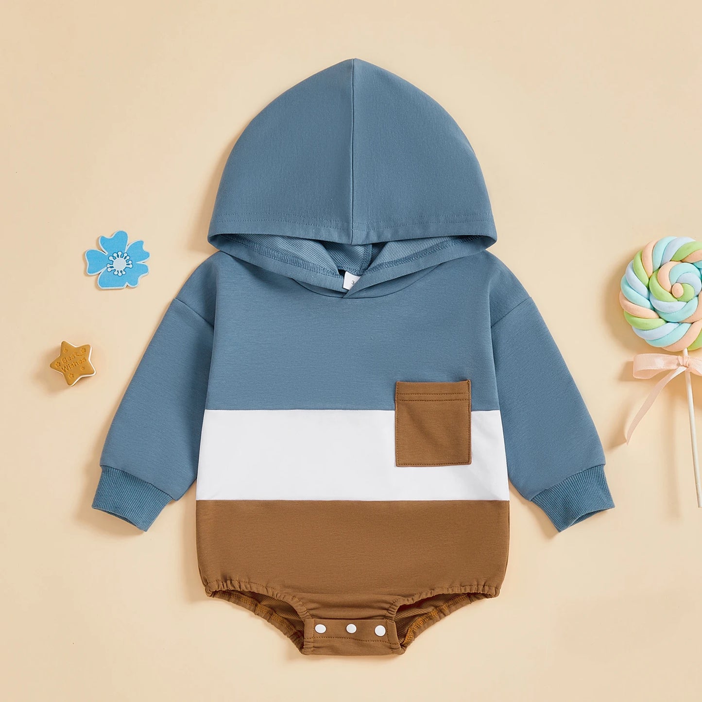 Baby Toddler Boy Autumn Hooded Romper Contrast Color Patchwork Long Sleeve Jumpsuit Cute Infant Bodysuit