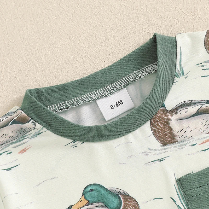 Baby Toddler Boys 2Pcs Duck Print Spring Outfit Short Sleeve T-Shirt Top Elastic Waist Shorts Farm Clothes Summer Set