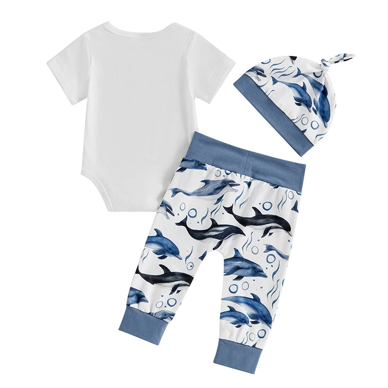 Baby Boy 3Pcs Protect Our Oceans Outfit Letter Sea Animal Dolphin Whale Print Short Sleeve Romper and Elastic Pants Beanies Hat Set