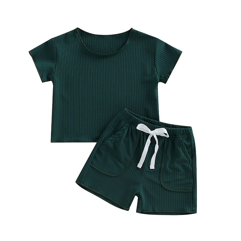 Infant Baby Boys Girls Ribbed Outfit Solid Crew Neck Short Sleeve T-Shirts Shorts