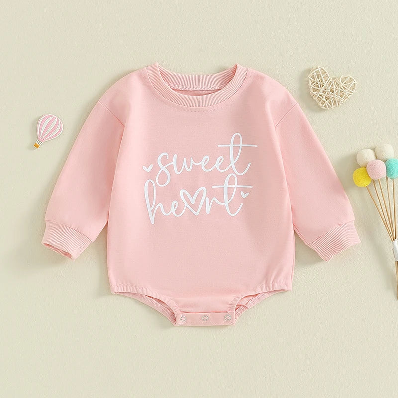 Baby Girls Boys Valentine's Day Long Sleeve Sweet Heart Letters Bubble Romper