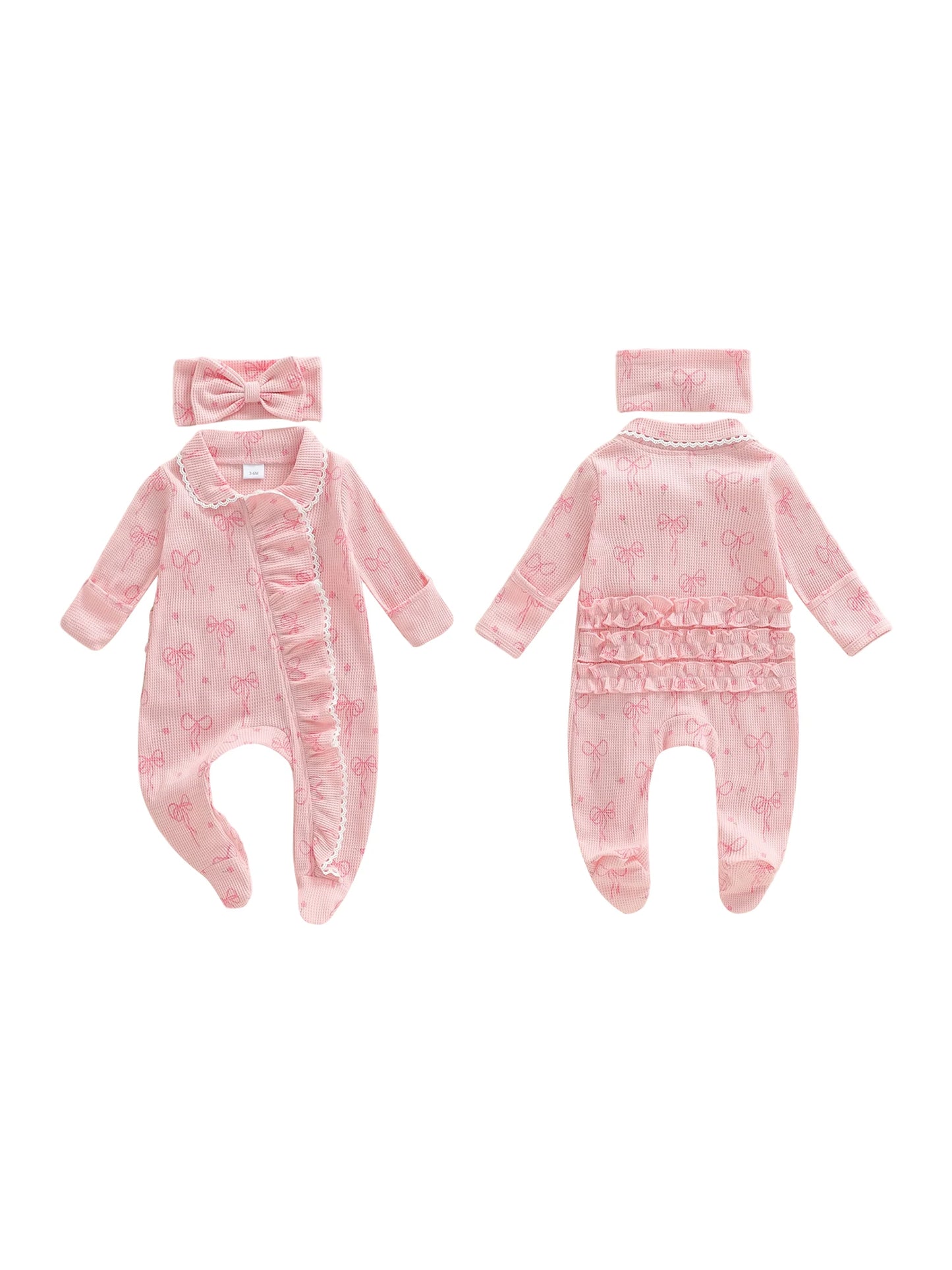 Baby Girl 2Pcs Romper Waffled Bow Print Long Sleeve Zip Up Footed Jumpsuit with Headband Set