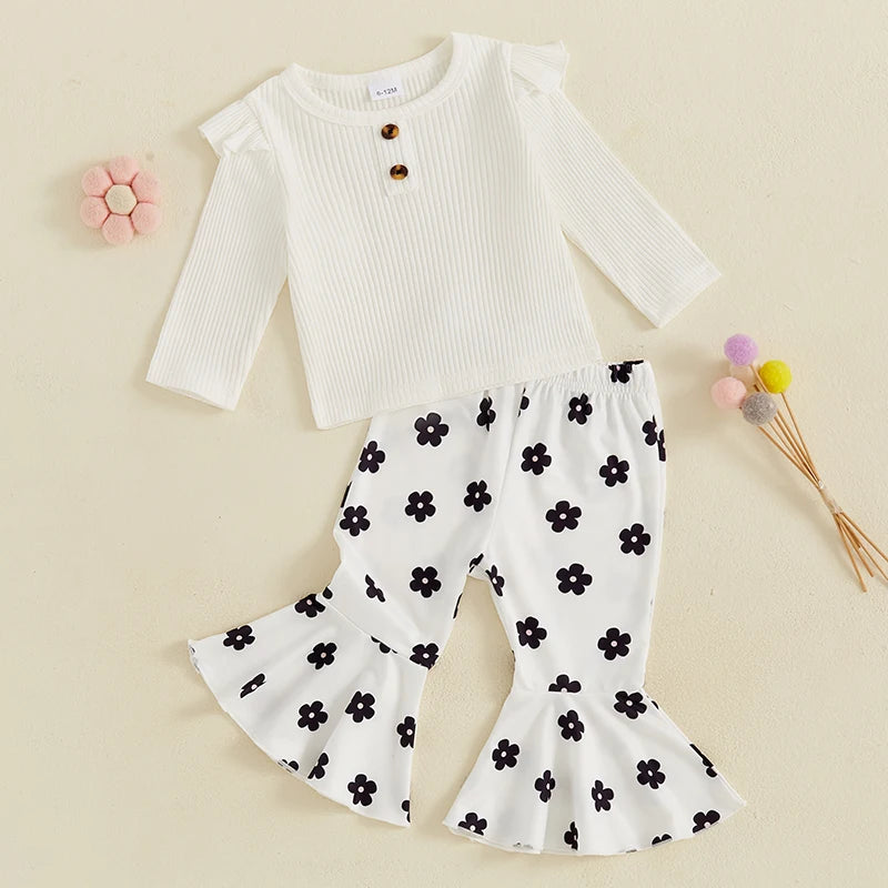 Baby Toddler Girl 2Pcs Fall Outfit Long Sleeve Ruffle Top + Floral Flower Flare Pants Set