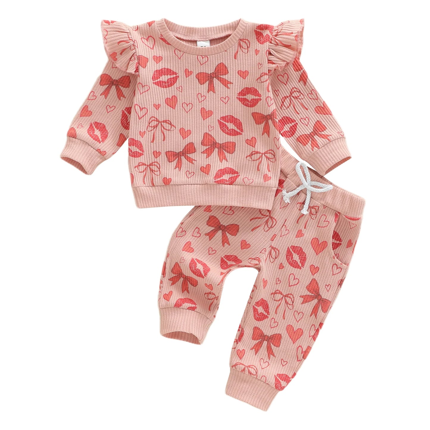 Baby Toddler Girls 2Pcs Valentine's Day Outfit Heart Bow Kiss Print Long Sleeve Crew Neck Top and Elastic Waist Pants Jogger Set