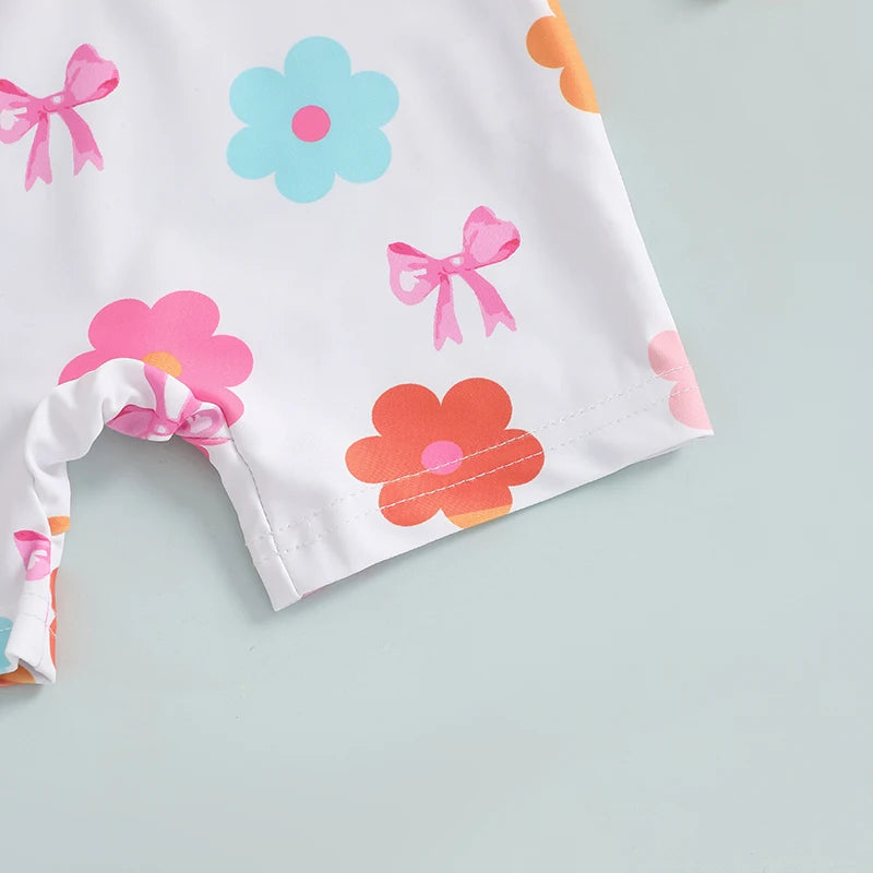 Baby Toddler Girls 2Pcs Swimwear Long Sleeve Floral/Bow/Strawberry Print Half Zipper Rash Guard Bathing Suite with Sunhat Set