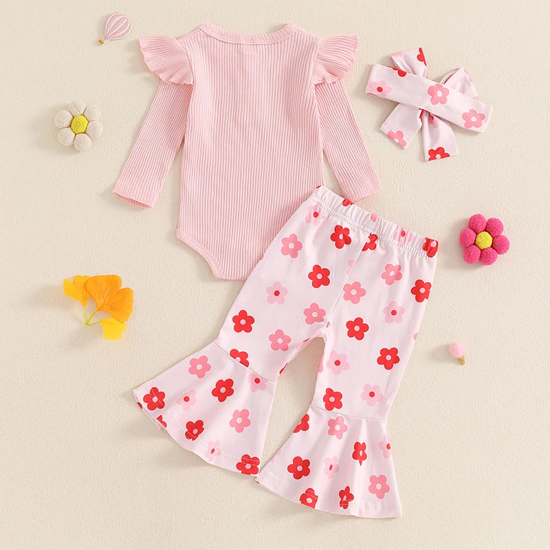 Baby Girl 3Pcs Fall Outfit Solid Color Ribbed Knit Long Sleeve Ruffle Shoulder Romper Flower Flared Pants Headband Set