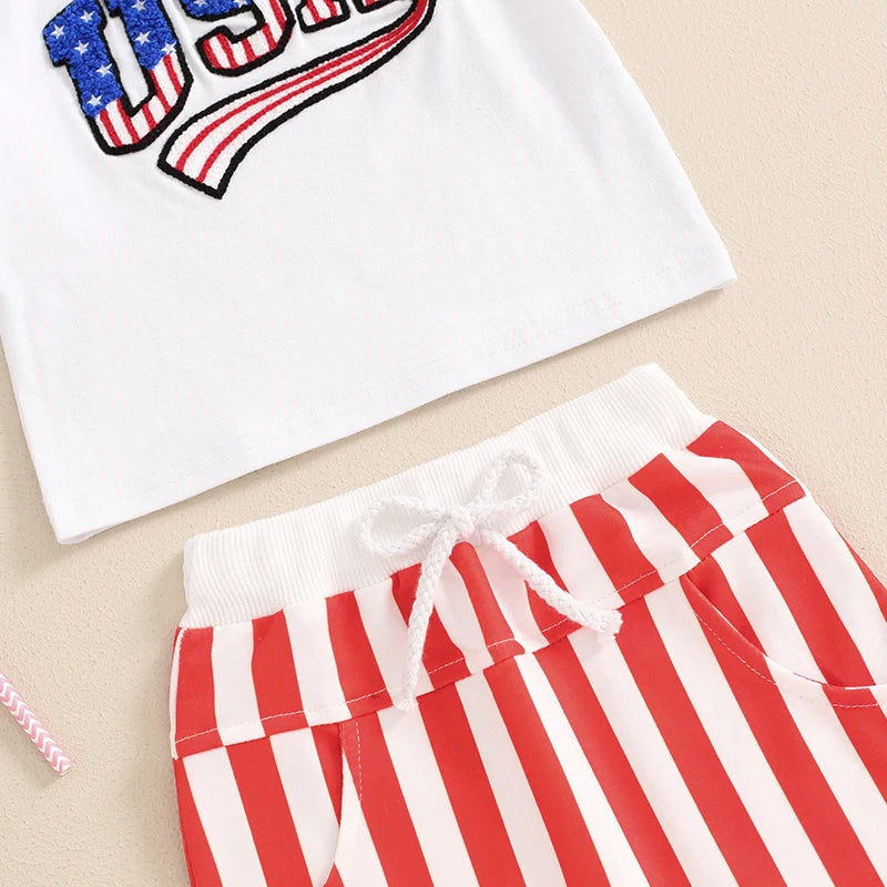 Baby Toddler Boys USA 4th of July Outfit Letter Embroidery Short Sleeve Top with Stripe Shorts for Independence Day Set