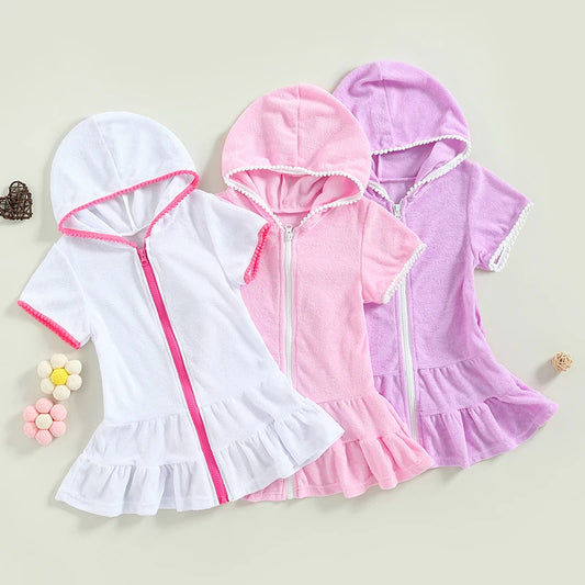 Toddler Kids Girls Swimwear Cover Up Dress Short Sleeve Zip Up Ruffles Solid Beach Dress for Kids