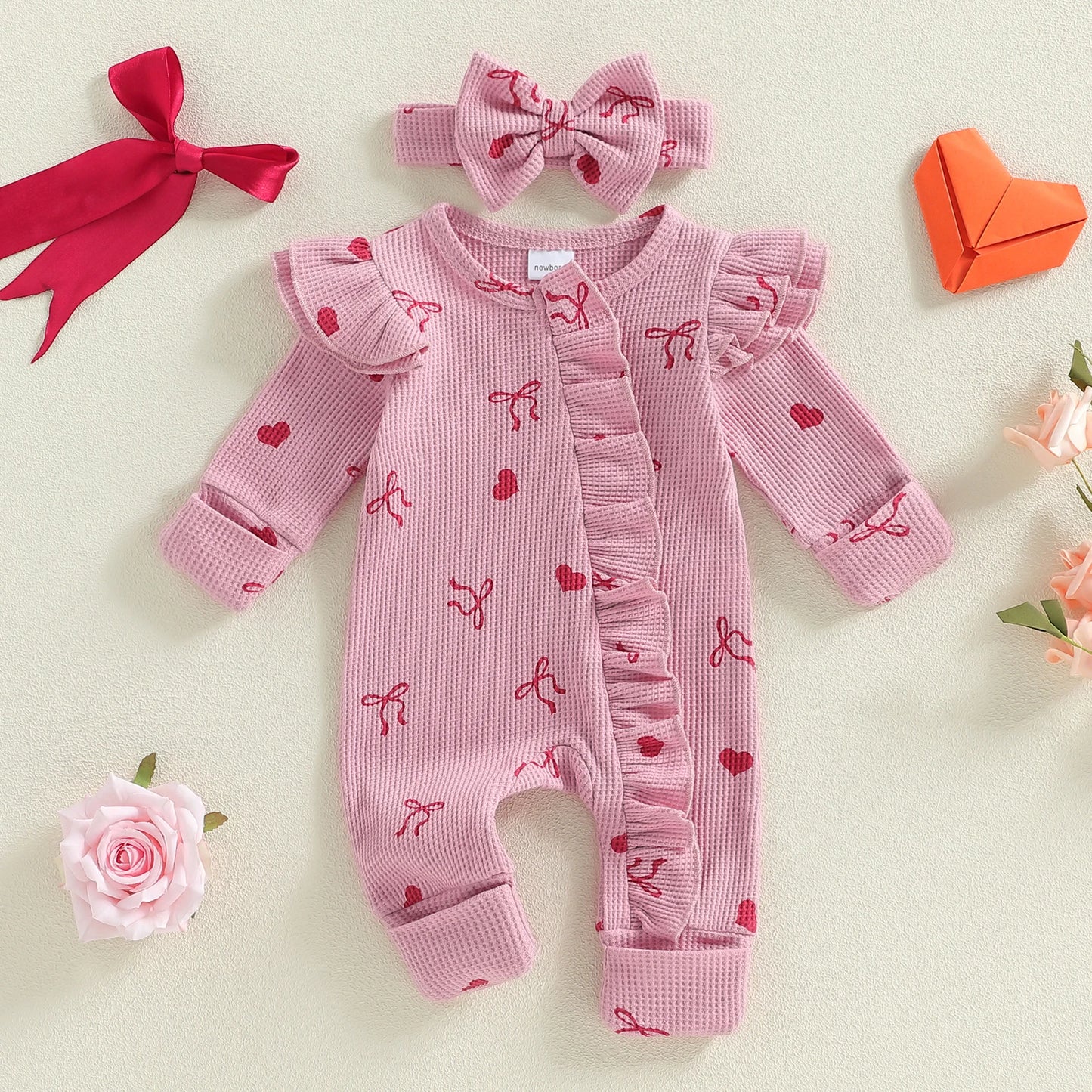 Baby Girls 2Pcs Valentine's Day Romper Outfit Heart Print Ruffle Long Sleeve Jumpsuits Bow Headband Set