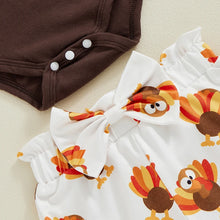 Load image into Gallery viewer, Baby Girls 3Pcs My 1st Thanksgiving / Daddy&#39;s Little Turkey Outfit Long Sleeve Romper + Polka Dots/Turkey Print Pants + Headband Fall Set
