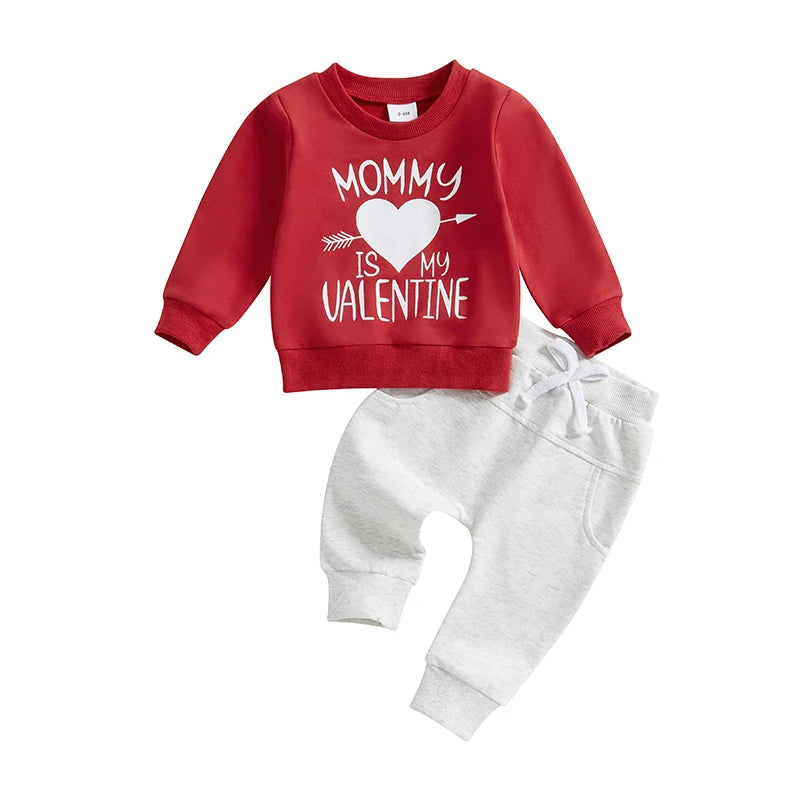 Baby Toddler Boys Girls 2Pcs Mommy Is My Valentine Valentine's Day Outfit Letter Print Long Sleeve Crewneck Top and Elastic Pants Jogger Set Valentines