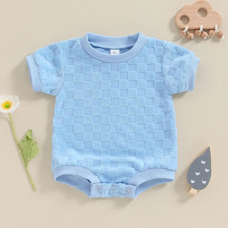 Baby Boys Girls Bodysuit Short Sleeve Crew Neck Checkerboard Summer Playsuit Romper