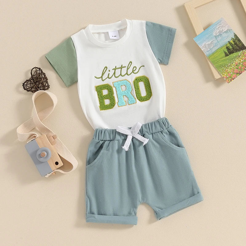 Baby Toddler Kids Boys 2Pcs Little Big Bro Brothers Matching Clothes Set Short Sleeve Embroidery Letters Top with Elastic Waist Shorts Set Summer Outfit