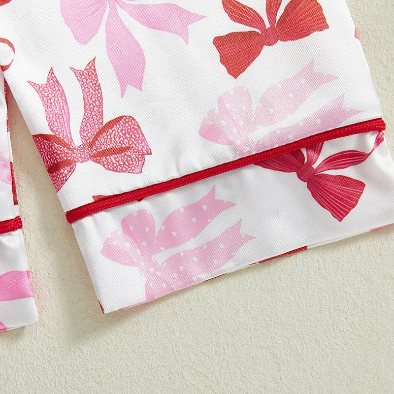 Baby Toddler Girl 2Pcs Pajamas Set Bow Pattern Button Down V Neck Long Sleeve Top and Pants Lounge Wear 2 Pcs PJs Set for Fall Winter