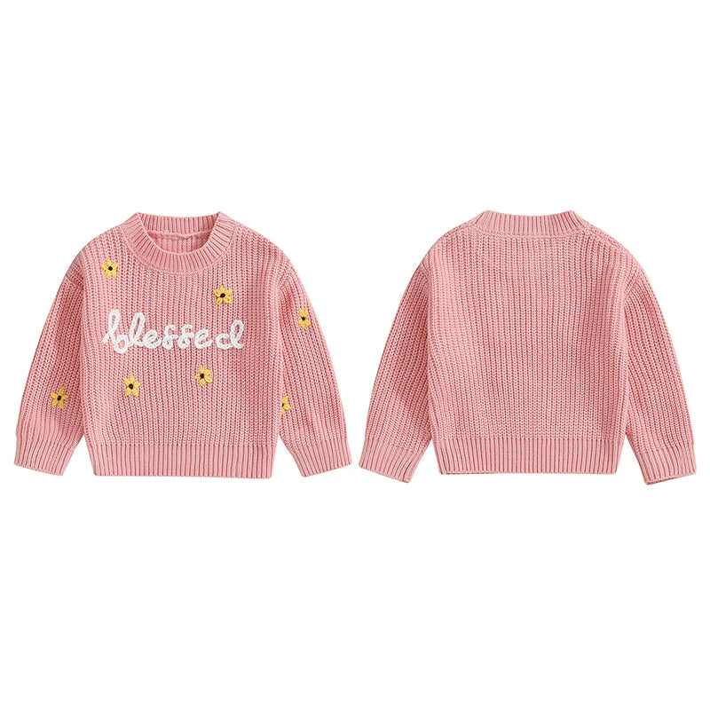 Baby Toddler Girls Blessed Crewneck Knitwear Sweater Flowers Embroidery Long Sleeve Top