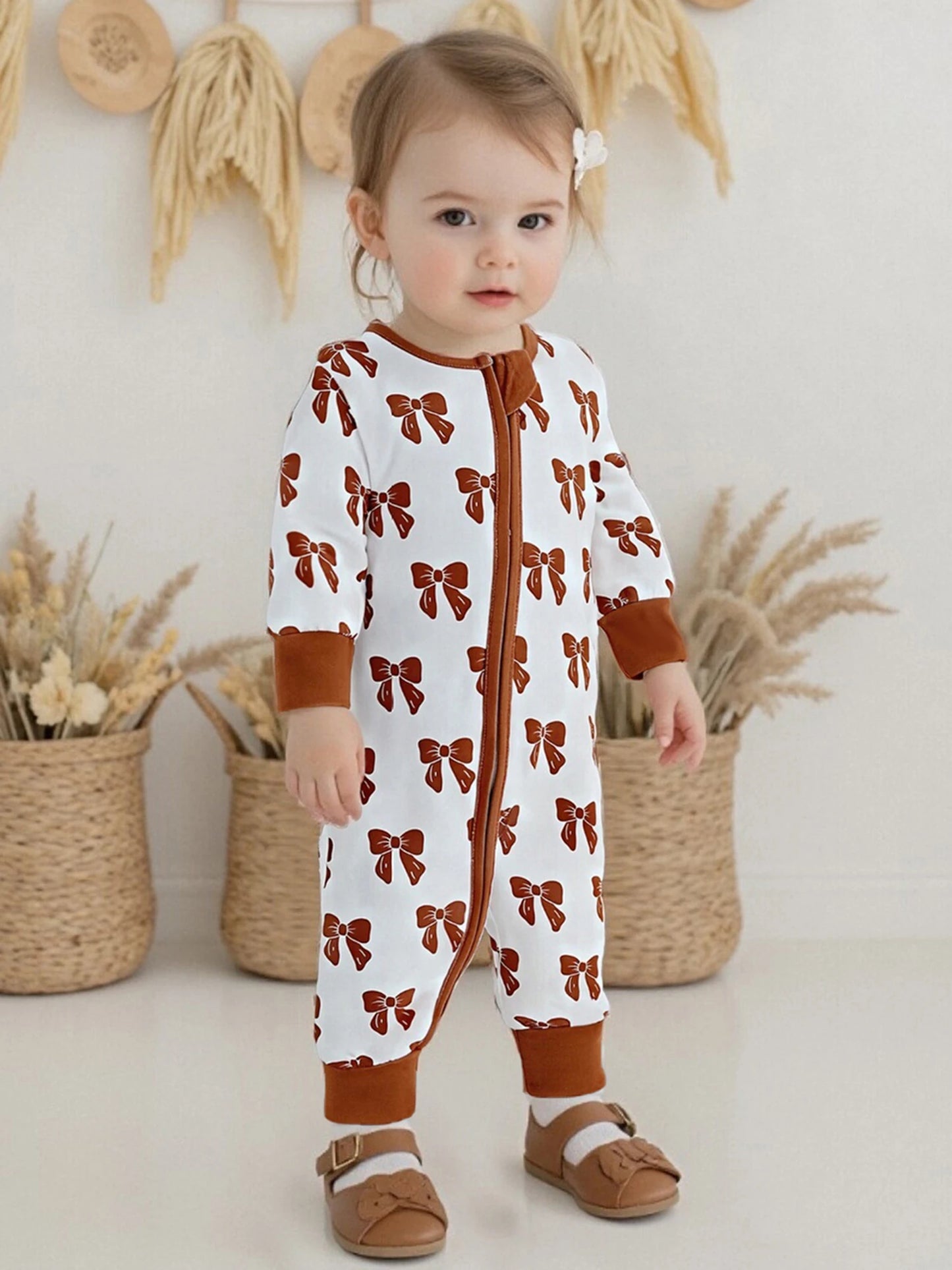 Baby Girl Zipper Romper Long Sleeve Round Neck Bow Print Jumpsuit