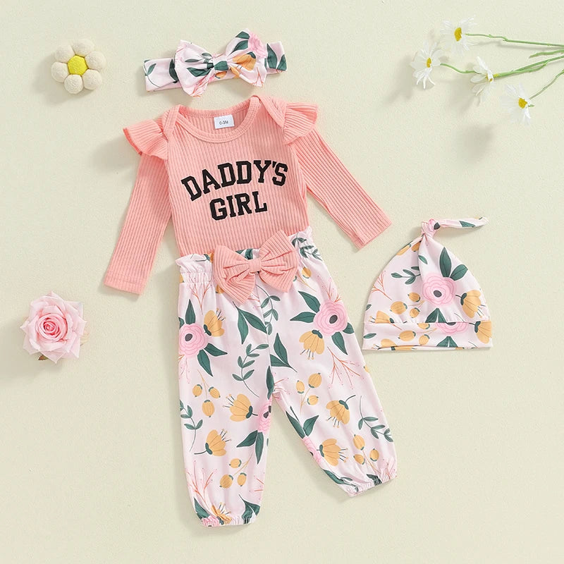 Baby Girls 3Pcs Daddy's Girl Fall Outfit Long Sleeve Ribbed Romper Frill Sleeve + Bow Flower Print Pants + Headband + Hat Set