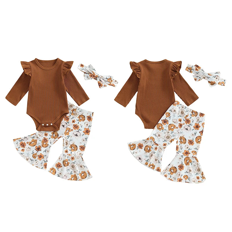 Baby Girls 3Pcs Fall Outfit Long Sleeve Ribbed Romper with Floral Flower Print Flare Pants and Headband Set