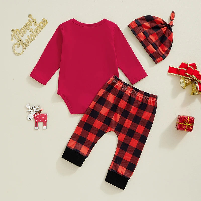 Baby Boys Girls 3Pcs Merry Mini Christmas Set Letter Print Long Sleeve Romper Plaid Print Long Pants Hat Outfit