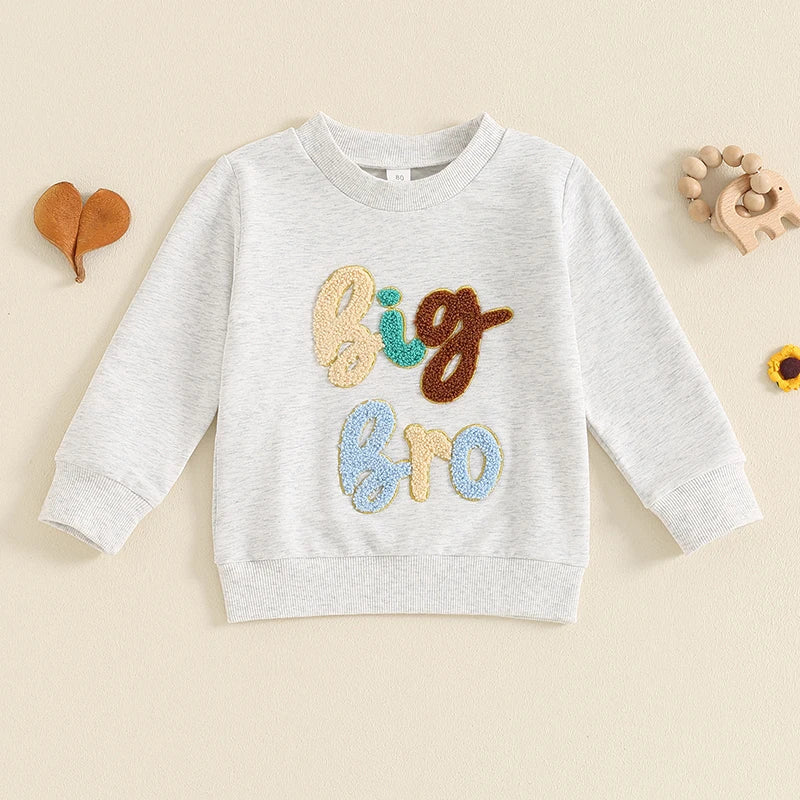 Baby Toddler Boys Big Bro Fuzzy Letter Embroidery Round Neck Long Sleeve Pullover Fall Top