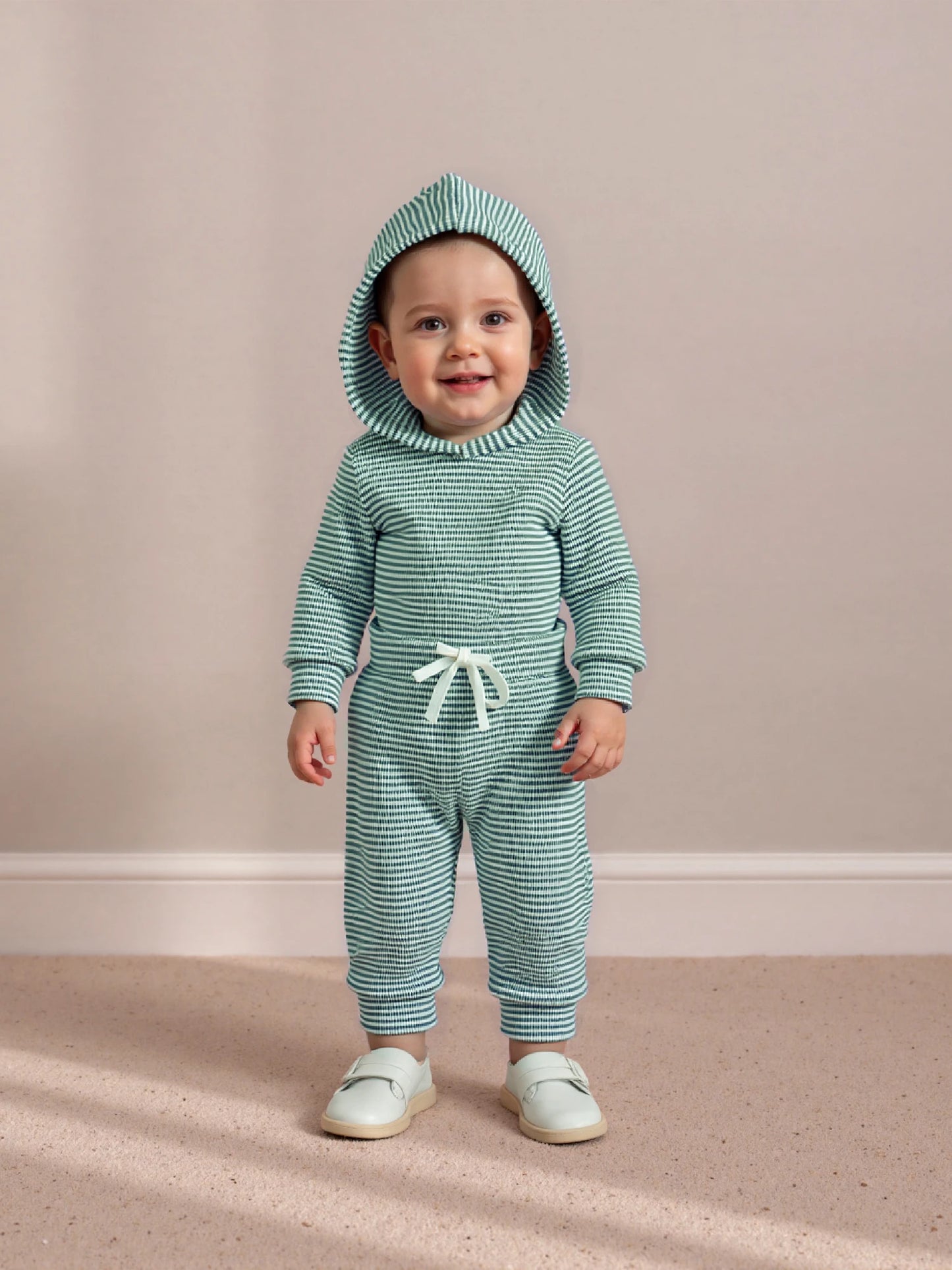 Baby Toddler Boys 2Pcs Striped Sets Fashionable Long Sleeve Hooded Romper with Jogger Pants 2Pcs Outfits