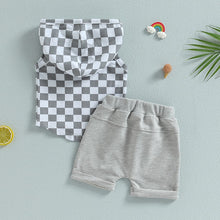 Load image into Gallery viewer, Toddler Baby Boy 2Pcs Summer Outfits Checkerboard Print Tank Top Hoodie and Harem Shorts
