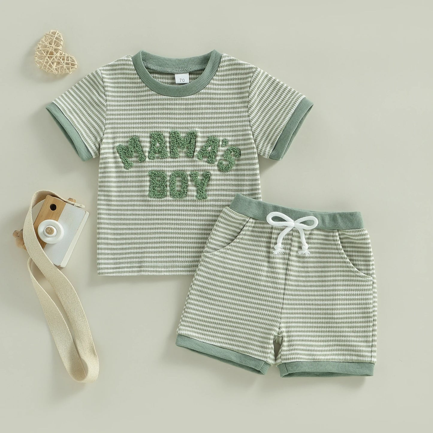 Baby Toddler Boys 2Pcs Mama's Boy Outfit Summer Short Sleeve Round Neck Letter Embroidery Striped Top and Shorts Set