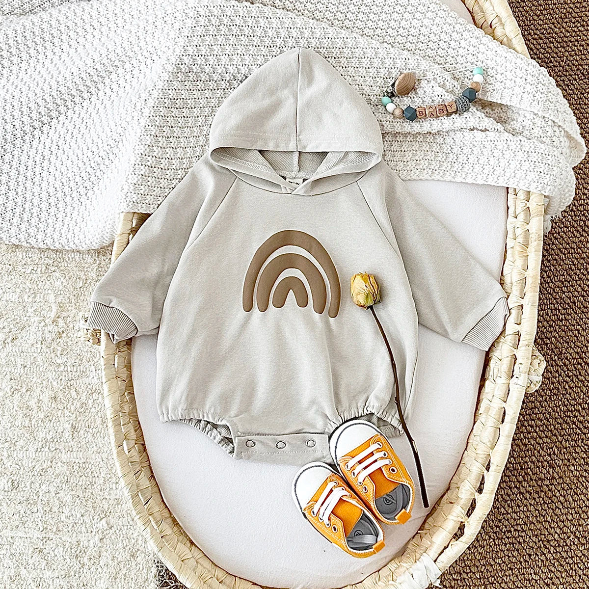 Baby Boys Girls Rainbow Long Sleeve Bubble Hooded Romper Hoodie Bodysuit One-piece