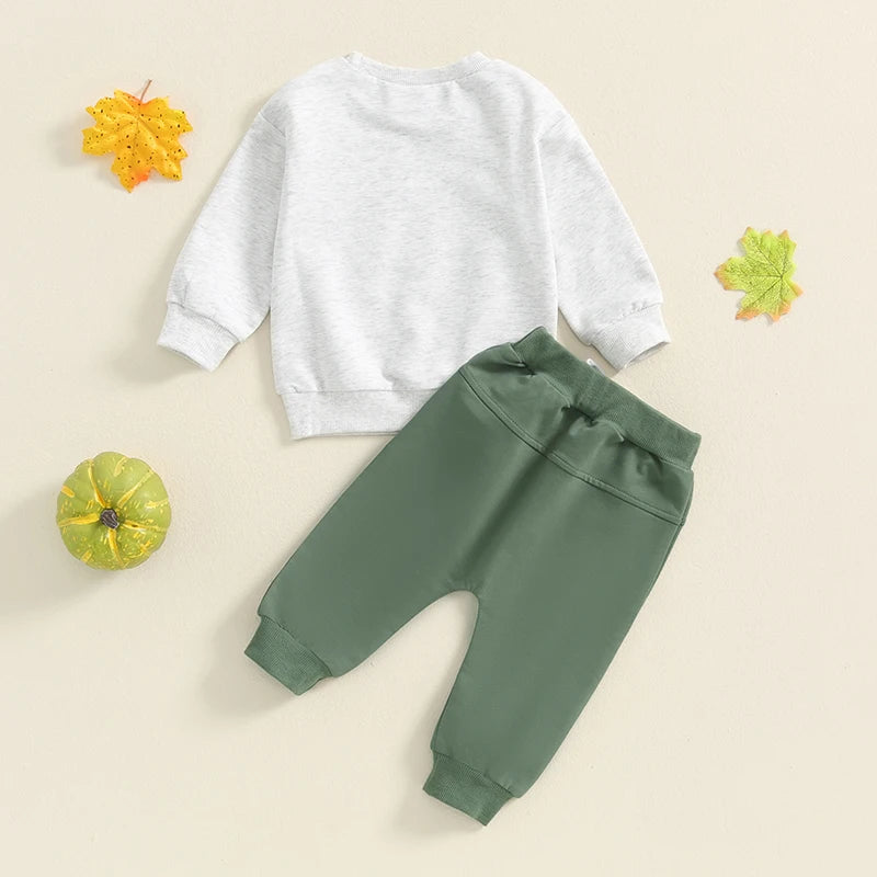 Baby Toddler Boys 2Pcs I Dig Fall Outfit Long Sleeve Tractor Pumpkin Print Top + Pants Set