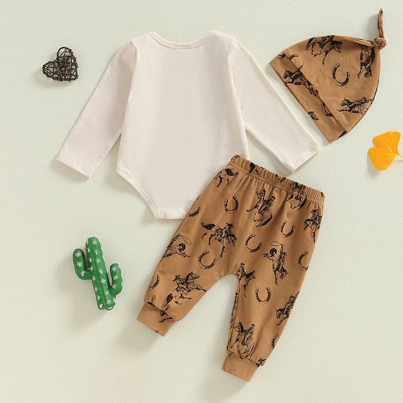 Baby Boys 3Pcs This is My First Rodeo Outfit Long Sleeve Letter Print Romper Horse Print Pants Hat Set