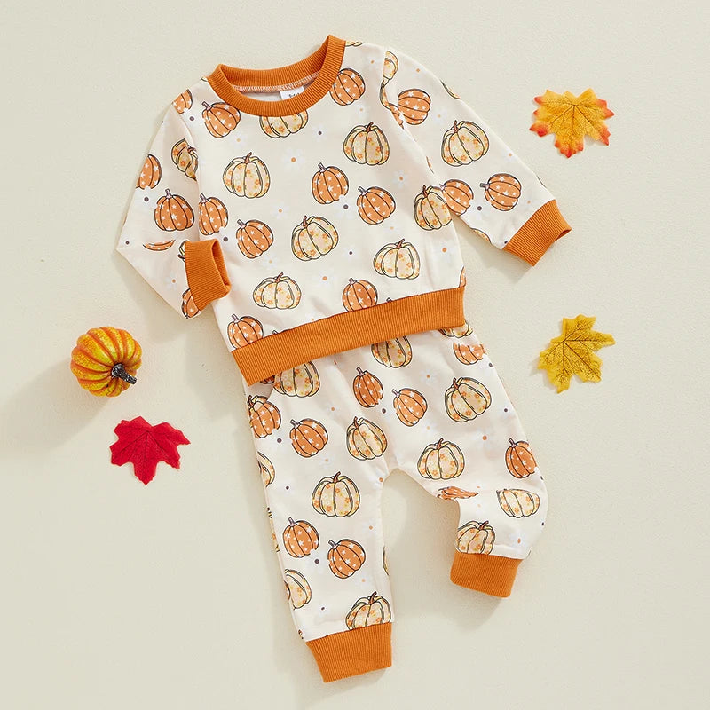 Baby Toddler Girls Boys 2Pcs Fall Set Pumpkin Print Long Sleeve Round Neck Top Long Pants Outfit