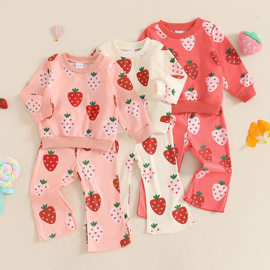 Baby Toddler Girls 2Pcs Outfit Strawberry Print Long Sleeve Crewneck Top with Flare Pants Set