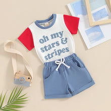Load image into Gallery viewer, Toddler Baby Boy 2Pcs Independence Day Shorts Set Oh My Stars &amp; Stripes Fourth of July Letter Print Short Sleeve Top with Solid Color Shorts Outfit
