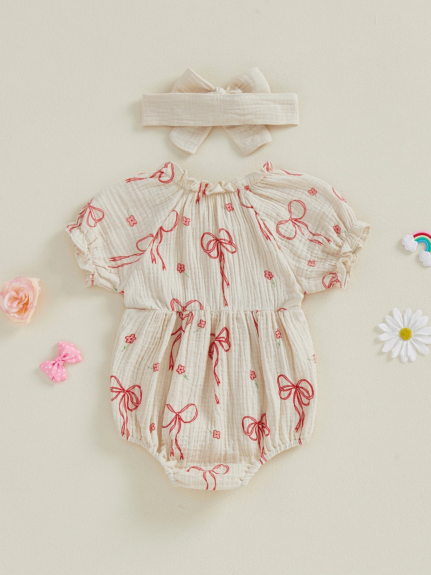 Baby Girls 2Pcs Outfit Cute Short Sleeve Round Neck Bow Flower Print Jumpsuit with Headband Set