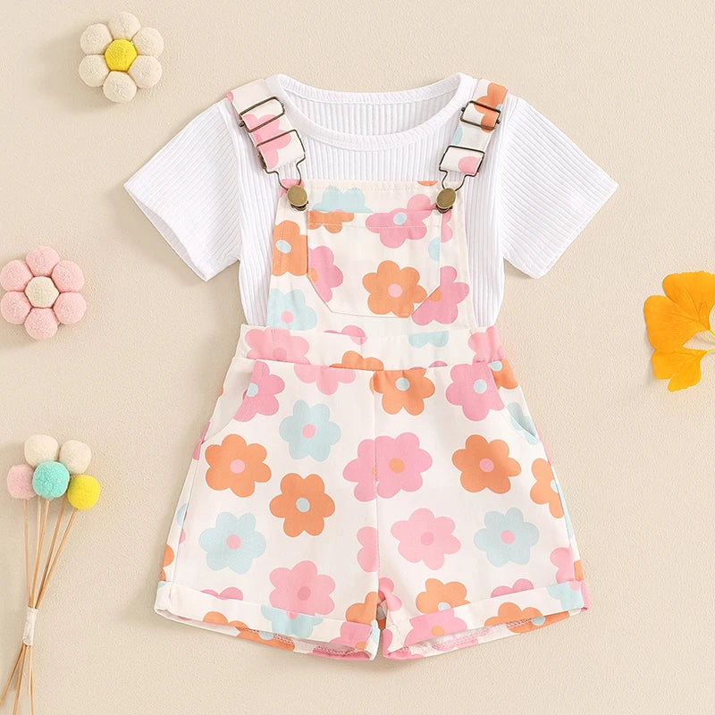 Toddler Kids Girls 2Pcs Summer Outfit Solid Color Ribbed Short Sleeve Top and Flower Strawberry Print Suspender Shorts Overalls Set