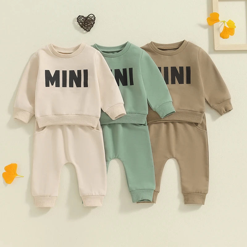 Baby Toddler Boys Girls MINI Set Letter Print Long Sleeve Round Neck Top Pockets Long Pants Outfit