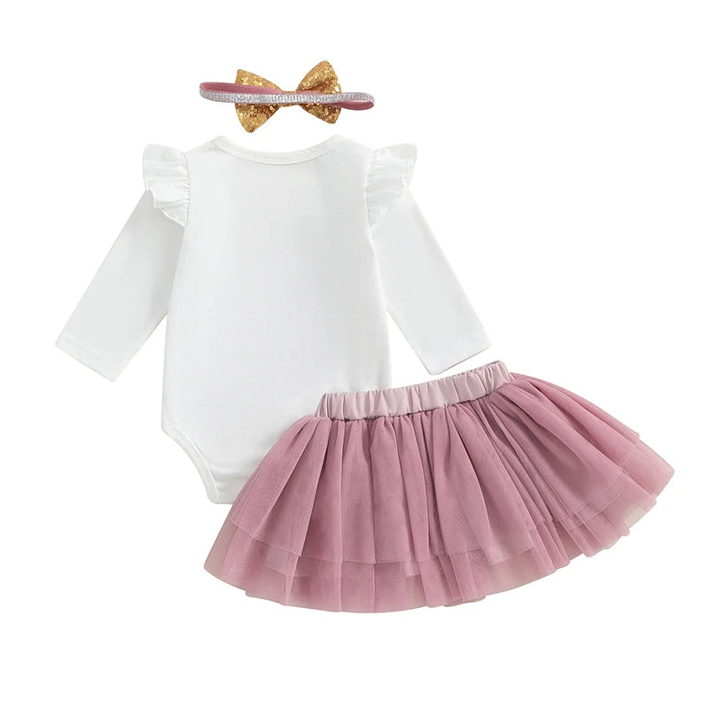 Baby Girls 3Pcs Little Sister Outfit Ruffle Shoulder Letter Embroidery Long Sleeve Romper Tulle Tutu Skirt Headband Set