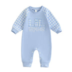 Baby Toddler Boy Lil Brother Fall Romper Plaid Print Letter Embroidery Long Sleeve Round Neck Full Length Jumpsuit