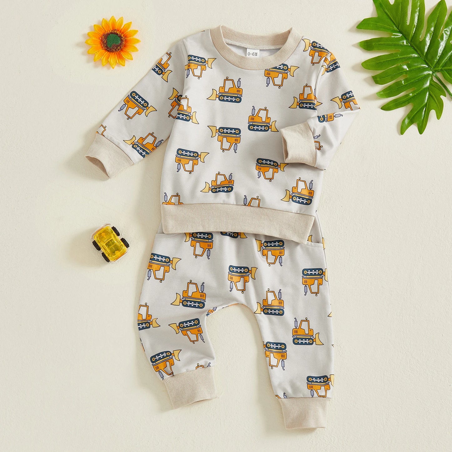 Baby Toddler Boys 2Pcs Autumn Sets Long Sleeve O Neck Excavator Print Top Drawstring Pants Jogger Set