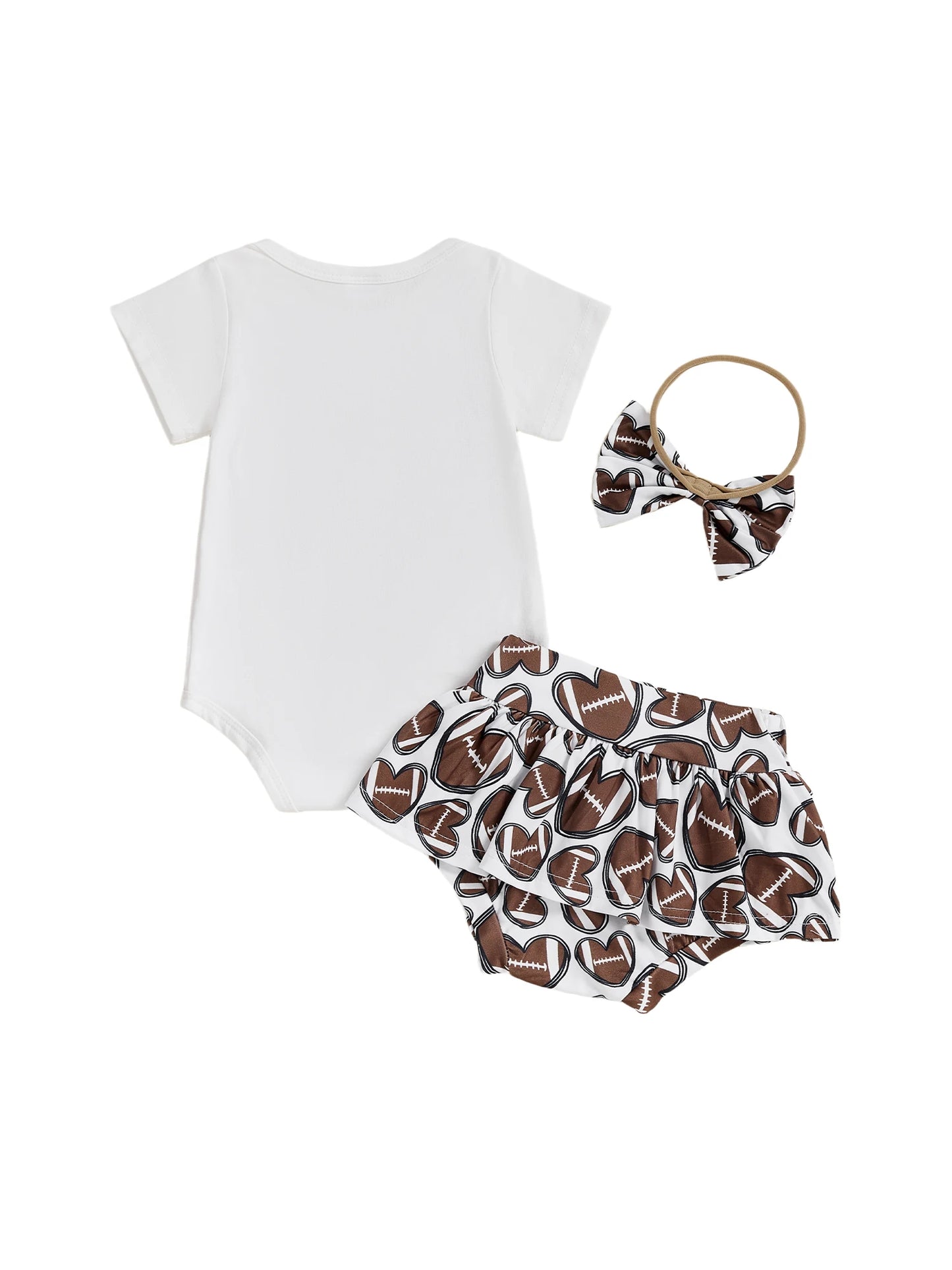 Baby Girls 3Pcs Touch Down Outfit Football Letter Print Romper Skirted Shorts Skort and Headband Bow Set