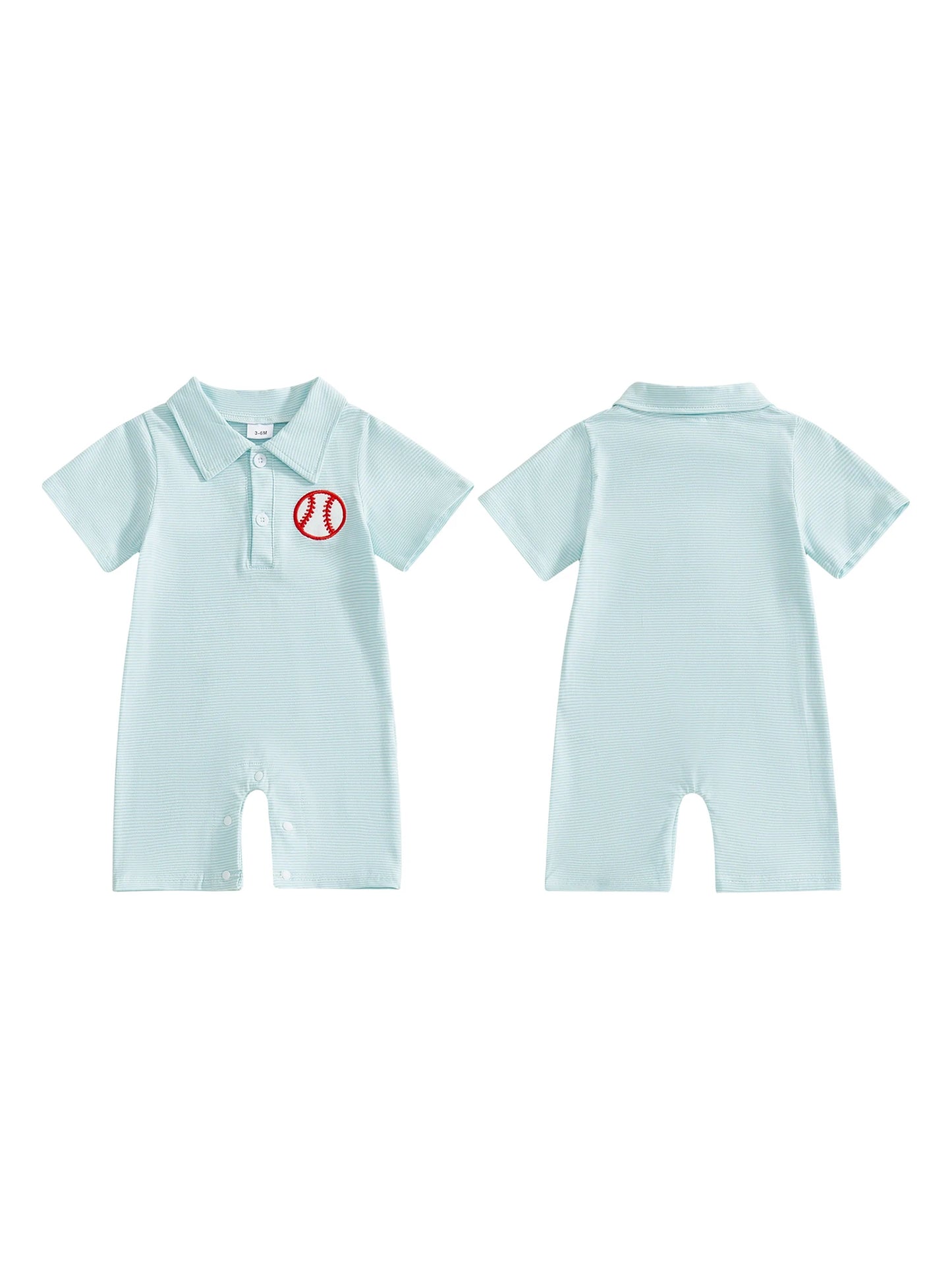 Baby Boy Romper Lapel Collar Short Sleeve Baseball Embroidery Upper Button Striped Jumpsuit