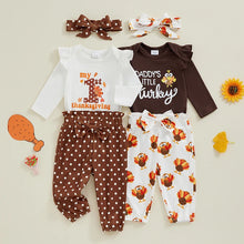 Load image into Gallery viewer, Baby Girls 3Pcs My 1st Thanksgiving / Daddy&#39;s Little Turkey Outfit Long Sleeve Romper + Polka Dots/Turkey Print Pants + Headband Fall Set
