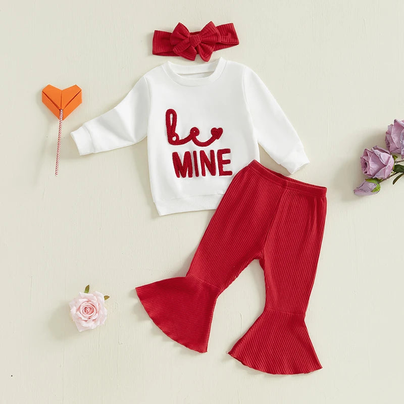 Baby Toddler Girls 3Pcs Valentine's Day Outfit Long Sleeve Embroidery Be Mine Letter Crewneck Top with Flare Pants and Headband Outfit Valentines Set