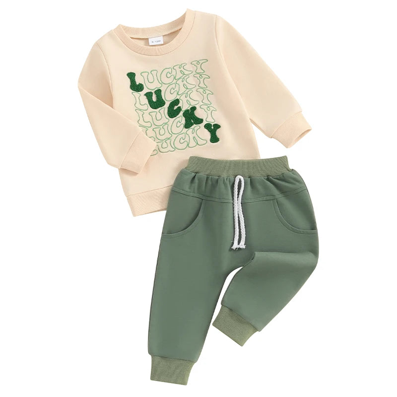 Baby Toddler Boys 2Pcs St. Patrick's Day Outfit Lucky Letter Embroidery Long Sleeve Top and Long Pants Clothes Set